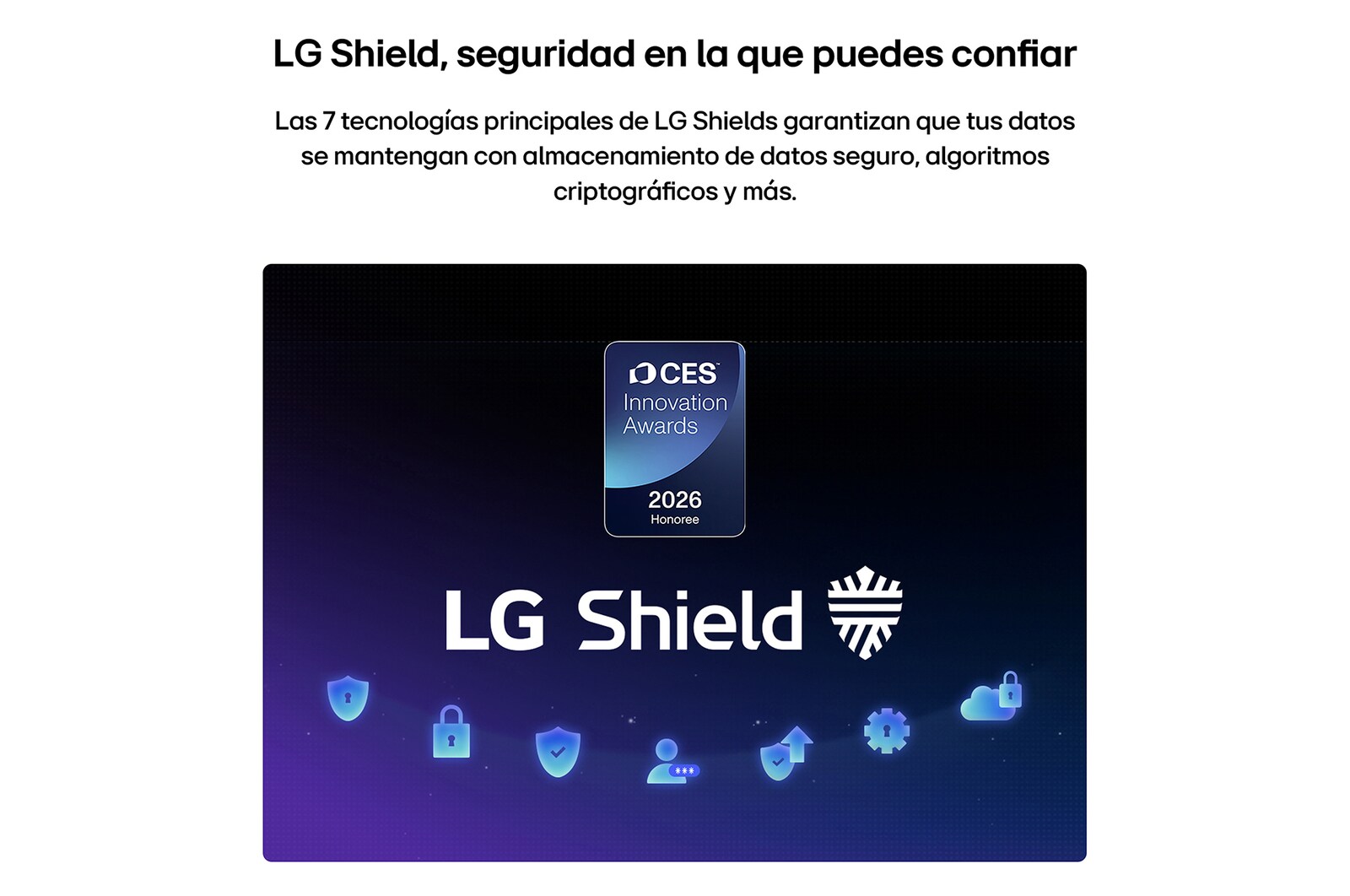 LG Shield, applied to LG QNED AI QNED70 Mini LED, is shown with an LG Shield logo at the center, security icons below, and a 2026 CES Innovation Awards Honoree badge above, representing data and system protection.
